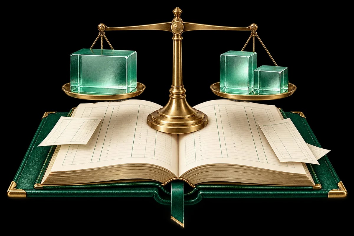 An open accounting ledger and a level brass balance with emerald glass blocks, illustrating balanced double-entry bookkeeping.